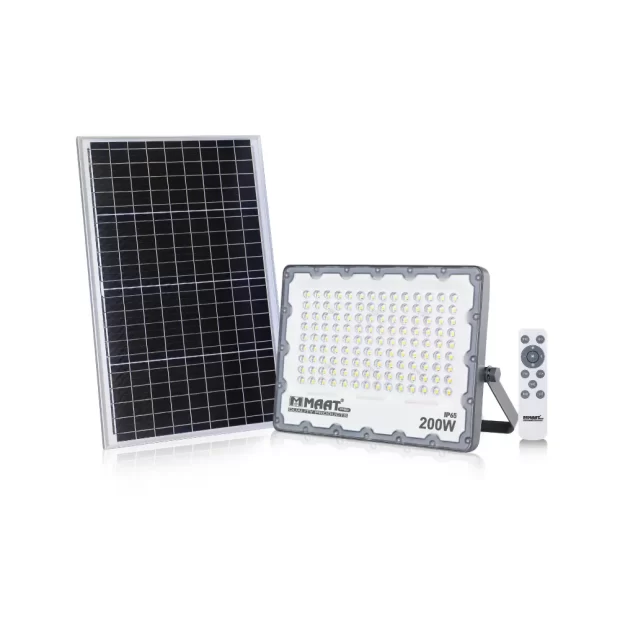 MAAT Pro 200W IP65 LED Solar Flood Light (MET-PRO-LSFL-200) with solar panel