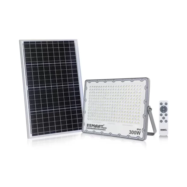 MAAT Pro 300W IP65 LED Solar Flood Light with its solar panel and high-power LEDs