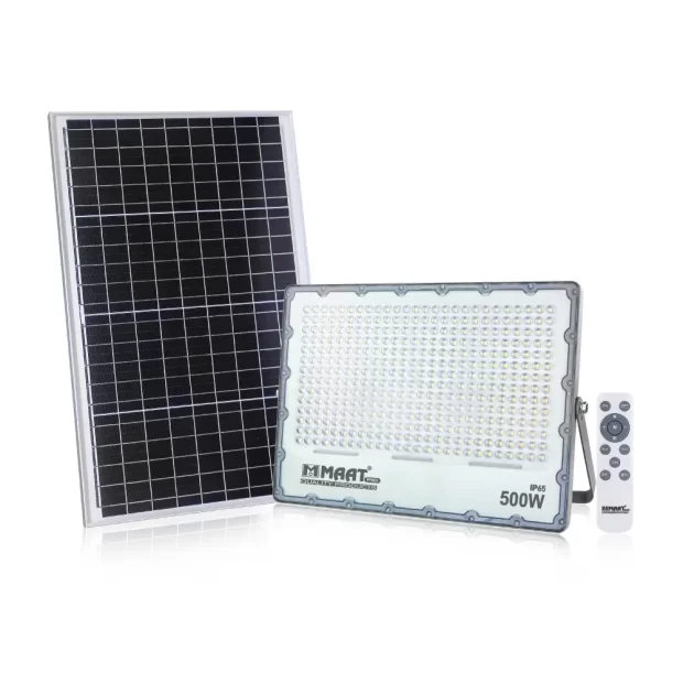 MAAT Pro 500W IP65 LED Solar Flood Light with its solar panel and ultra-high-power LEDs