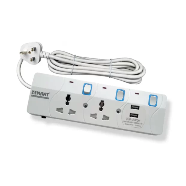 The 2 Way Extension Socket with USB 3MTR (MTB123USB) featuring two AC ports, two USB charging ports, neon switches, and white fire-resistant housing.