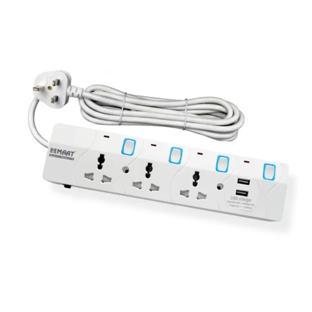 The 3 Way Extension Socket with USB 3MTR (MTB133USB) featuring three universal ports, two USB charging ports, neon switches, and white fire-resistant housing.
