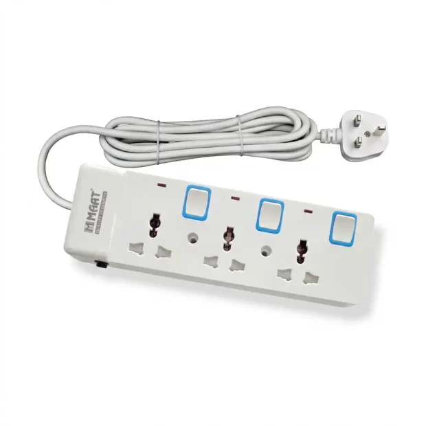The 3 Way Extension Socket 3MTR (MTB633B) featuring three individual neon switches, a 3-meter copper cord, and 750°C heat-proof housing.