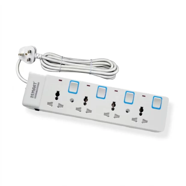 The 4 Way Extension Socket 5MTR (MTB645B) featuring four individual neon switches, a 5-meter copper cord, and white fire-resistant housing.