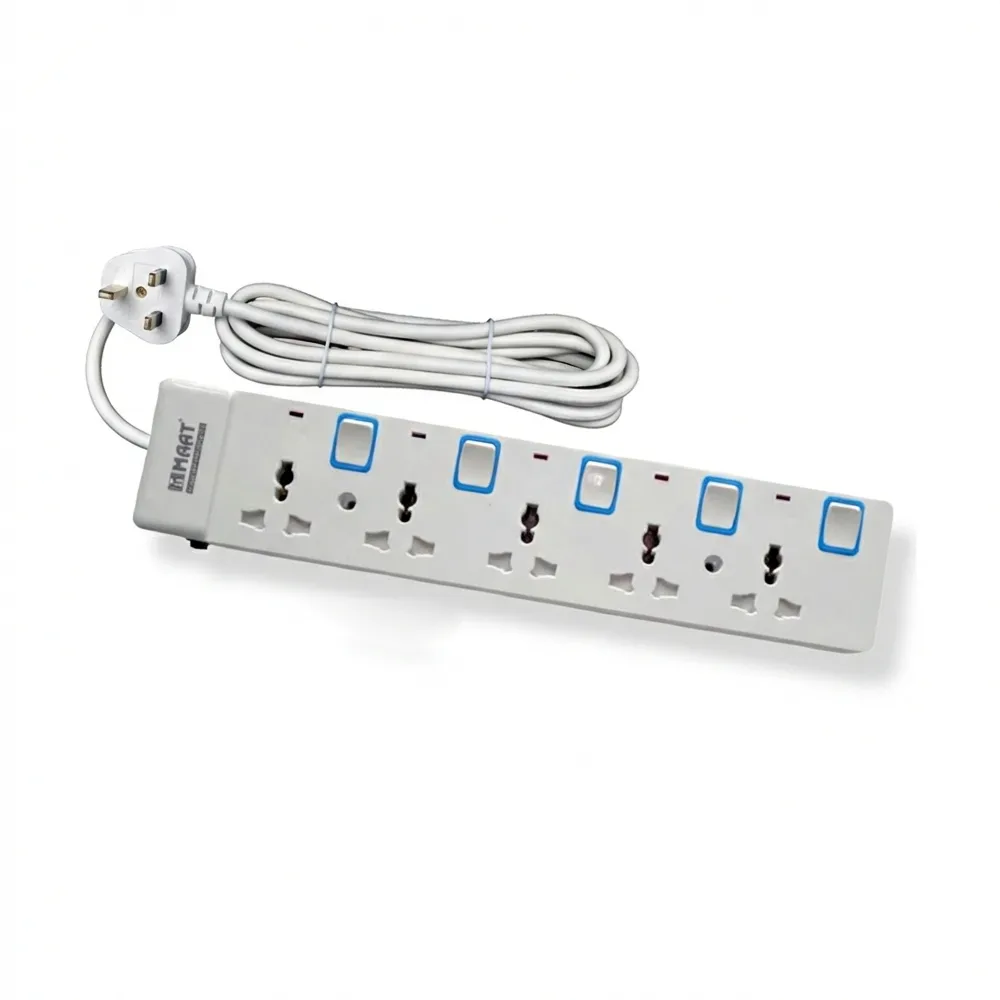 The 5 Way Extension Socket 5MTR (MTB655B) featuring five individual neon switches, a 5-meter copper cord, and white fire-resistant housing.