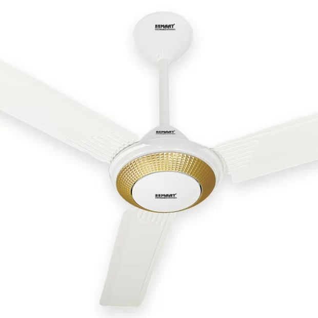 MAAT Sanitary Ware and Electrical Supplier - ceiling fan C with copper winding and 5-speed selector in white background, with Maat logo in the center of fan by best Sanitaryware and electrical supplier in Dubai
