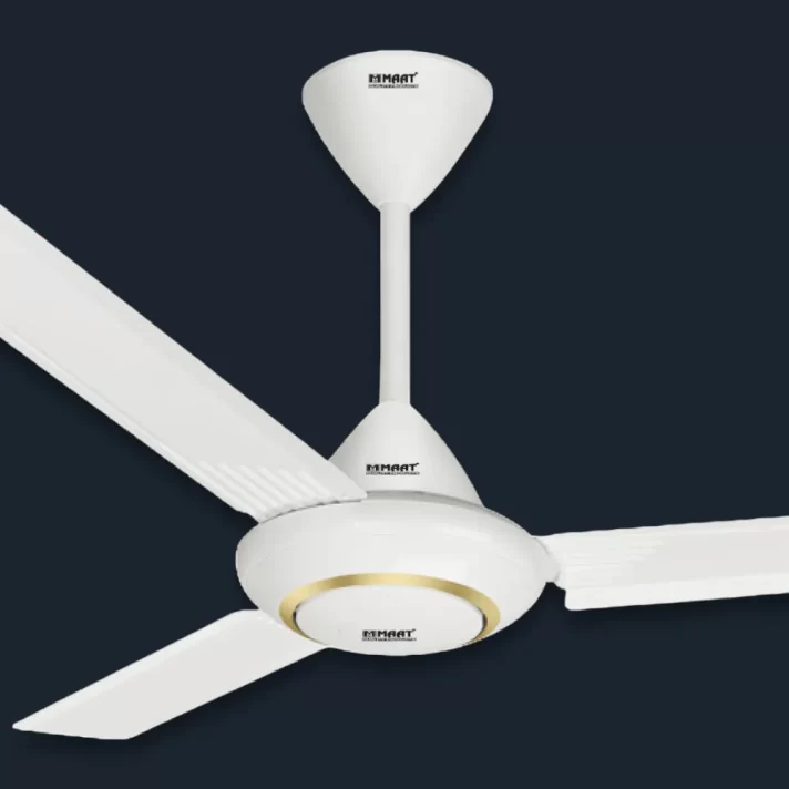 Image of Maat ceiling fan C in gray background, with Maat logo in the center of fan