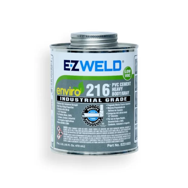 Gray PVC cement tube with E-Z Weld logo, ideal for bonding PVC pipes and fittings in residential, commercial, and industrial settings. Heavy body formula for easy application on vertical surfaces, sets quickly for a strong, durable bond. Resistant to a wide range of chemicals. Professional-grade adhesive for plumbing and construction projects.