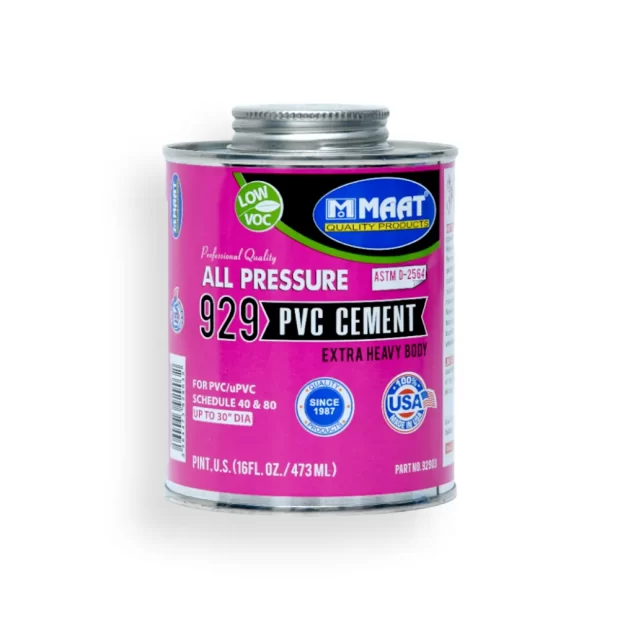 929 Extra Heavy Duty PVC Cement: A Pink bottle of PVC cement with an blue label.