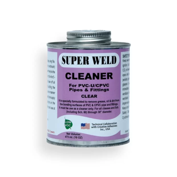 Super Weld PVC-U/PVC Cleaner solvent bottle, used for cleaning and preparing PVC-U and PVC pipes and fittings for welding. The label reads 'Super Weld PVC-C/PVC Cleaner Solvent, Fast Acting Formula, Net 500ml (16.9 fl oz), Made in India