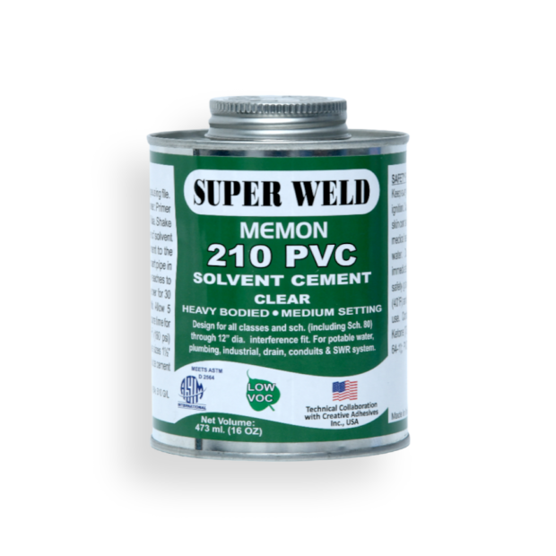 Image of a container of PVC 210 solvent cement used for bonding PVC pipes and fittings. The label displays the product name 'PVC 210 Solvent Cement' and includes usage instructions and other relevant information.
