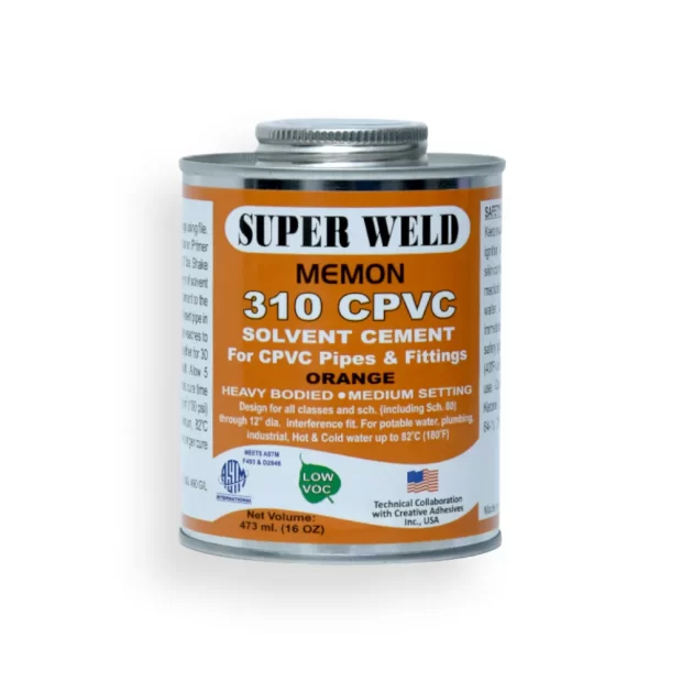 CPVC Cement Orange can with orange label and black cap, used for joining CPVC pipes and fittings. The label reads 'CPVC Cement Orange, Fast Drying, High Strength, Resistant to Chemicals and Corrosion.