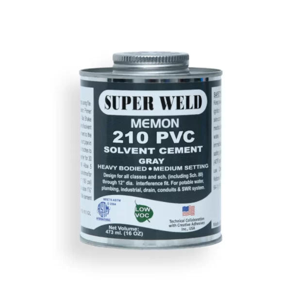 Image of container of PVC 210 cement with usage for joining PVC pipes and fittings. The label reads 'PVC 210 Cement' and includes product information and usage instructions