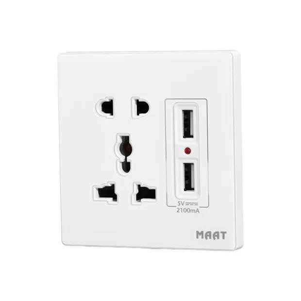 MAAT Pro M8 White 2 & 3 Pins Universal 2 USB Switch Socket with Indicator featuring dual USB ports, scratch-proof tempered glass, and elegant design.