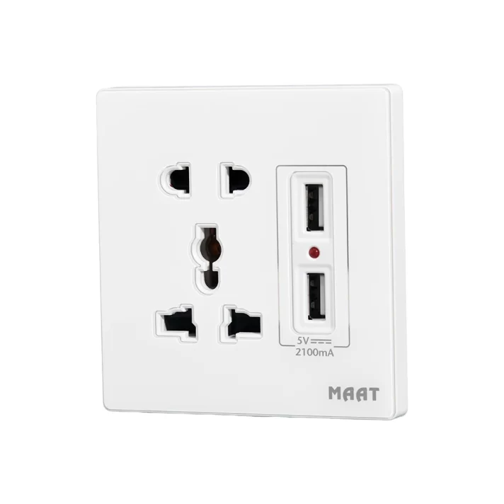 MAAT Pro M8 White 2 & 3 Pins Universal 2 USB Switch Socket with Indicator featuring dual USB ports, scratch-proof tempered glass, and elegant design.