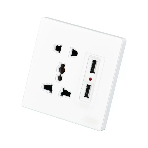 MAAT Pro M8 White 2 & 3 Pins Universal 2 USB Switch Socket with Indicator featuring dual USB ports, scratch-proof tempered glass, and elegant design. 2