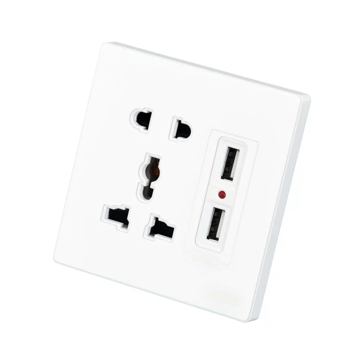 MAAT Pro M8 White 2 & 3 Pins Universal 2 USB Switch Socket with Indicator featuring dual USB ports, scratch-proof tempered glass, and elegant design. 2