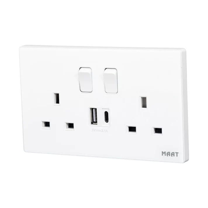 MAAT Pro M8 White 2 Gang 13A SP Socket USB-A & Type C with Switch, featuring dual sockets, USB ports, and a tempered glass finish.