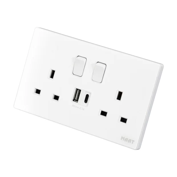 MAAT Pro M8 White 2 Gang 13A SP Socket USB-A & Type C with Switch, featuring dual sockets, USB ports, and a tempered glass finish. 2