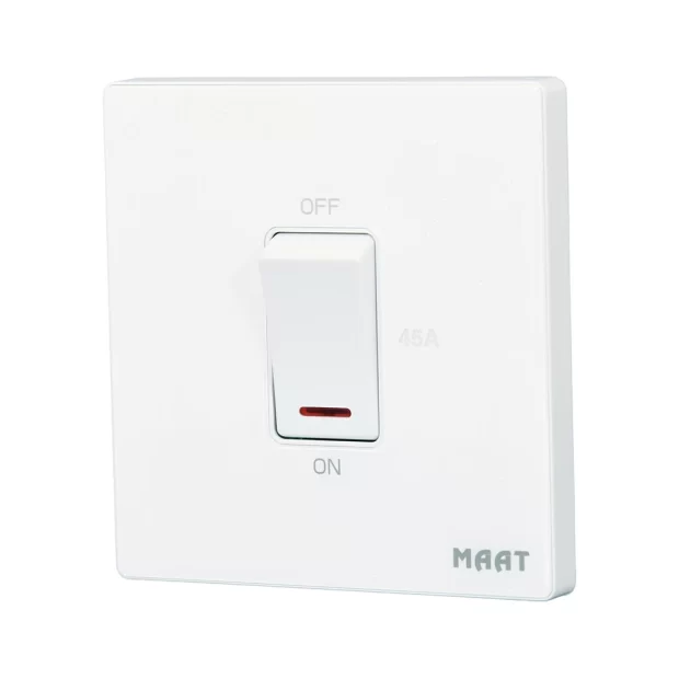 M8 1 Gang 45A DP Switch with Indicator featuring tempered glass design, LED indicator, and robust construction for high-current applications. White