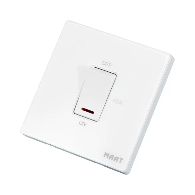 M8 1 Gang 45A DP Switch with Indicator featuring tempered glass design, LED indicator, and robust construction for high-current applications. White 2