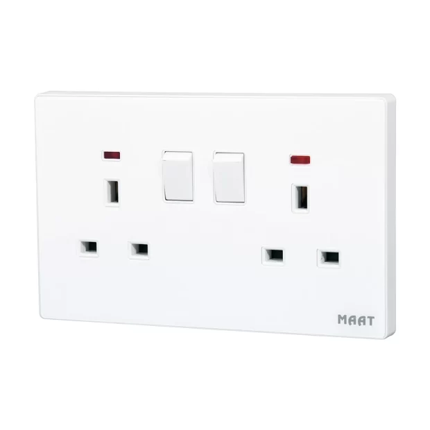 MAAT Pro M8 White 2 Gang 13A Switched Socket with Indicator featuring dual sockets, tempered glass, and a scratch-proof finish.