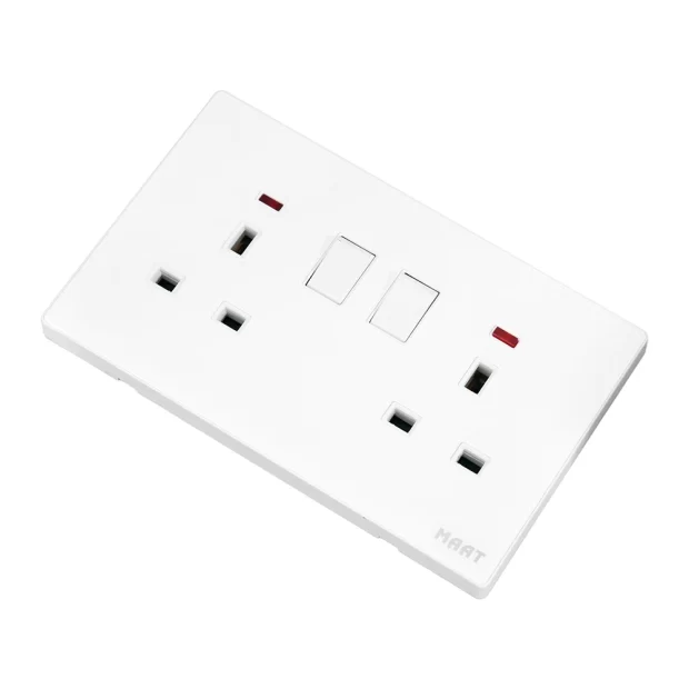 MAAT Pro M8 White 2 Gang 13A Switched Socket with Indicator featuring dual sockets, tempered glass, and a scratch-proof finish. 2