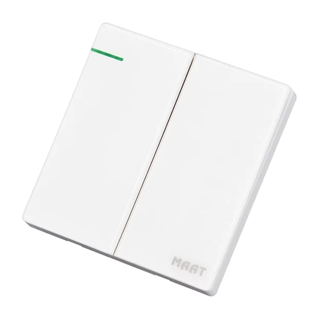 MAAT Pro M8 White 2 Gang 2 Way Switch with scratch-proof tempered glass and premium marble-like finish.