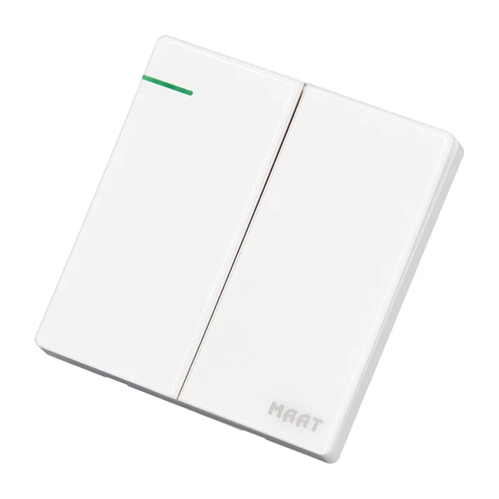 MAAT Pro M8 White 2 Gang 2 Way Switch with scratch-proof tempered glass and premium marble-like finish.