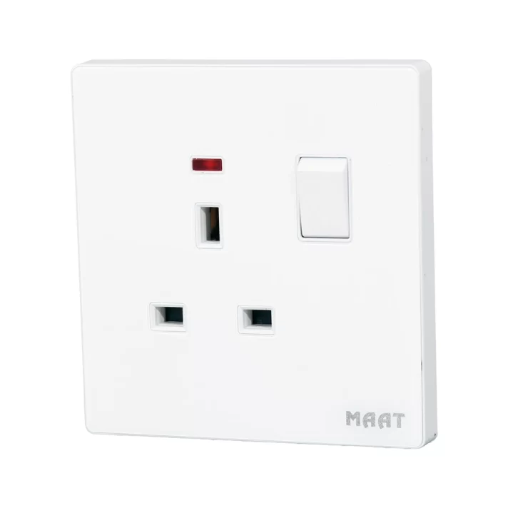 MAAT Pro M8 White 13A Switched Socket with Indicator in tempered glass and marble-like finish.