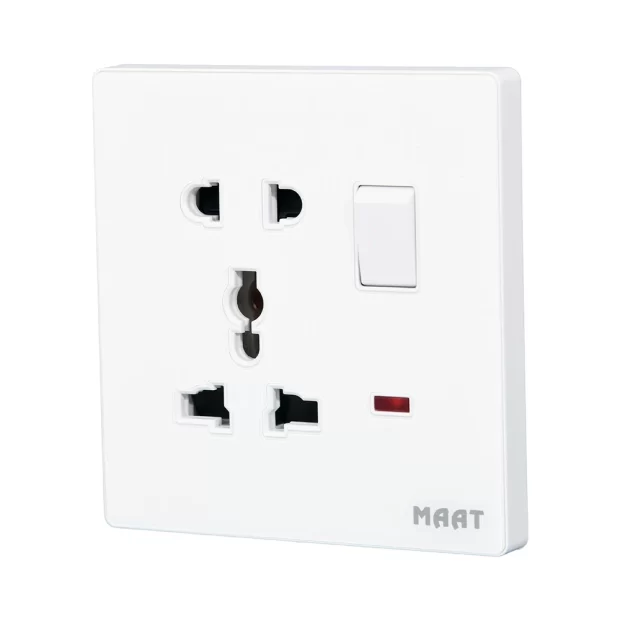 MAAT Pro M8 White 2 & 3 Pins Universal Switched Socket with Indicator, featuring a white diamond finish and tempered glass design.