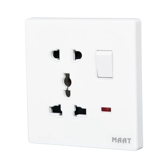 MAAT Pro M8 White 2 & 3 Pins Universal Switched Socket with Indicator, featuring a white diamond finish and tempered glass design.