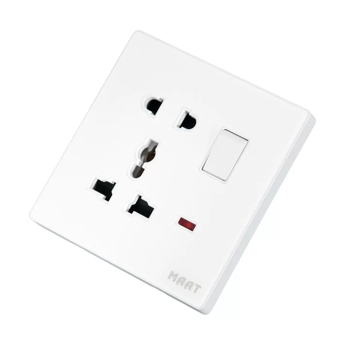 MAAT Pro M8 White 2 & 3 Pins Universal Switched Socket with Indicator, featuring a white diamond finish and tempered glass design. - 2