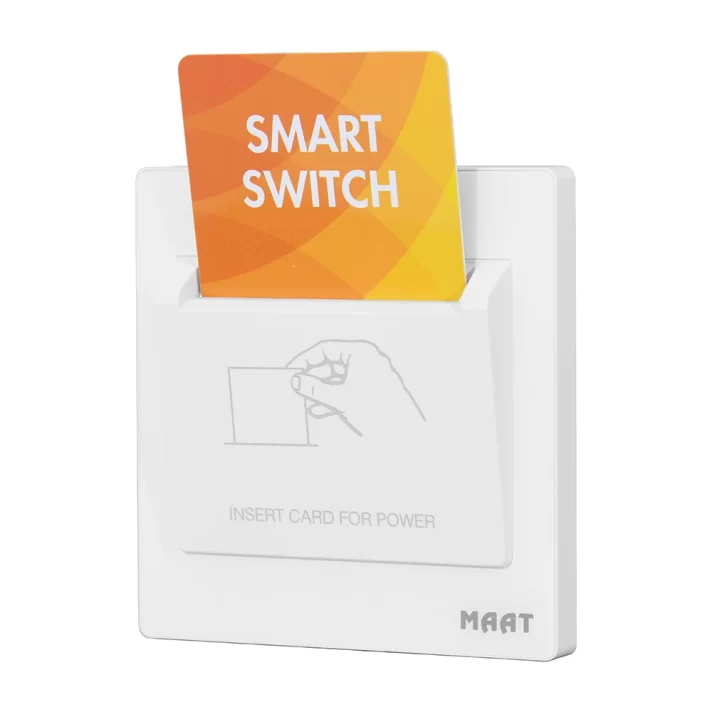 M8 Energy Saving Switch with Card Delay in white diamond finish, featuring smart card mechanism and tempered glass design.