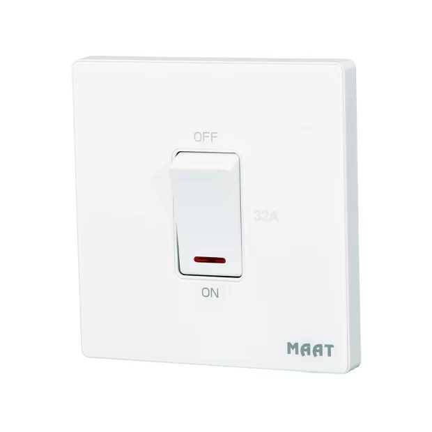 M8 1 Gang 32A DP Switch with Indicator featuring tempered glass finish, LED status indicator, and robust design for high-current applications. White