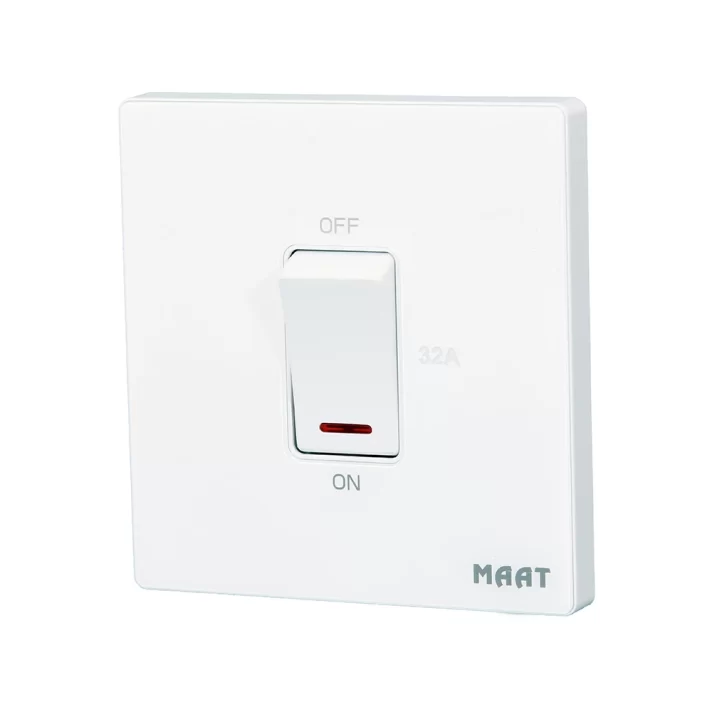 M8 1 Gang 32A DP Switch with Indicator featuring tempered glass finish, LED status indicator, and robust design for high-current applications. White