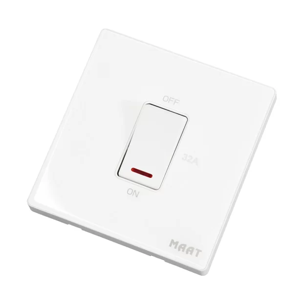 M8 1 Gang 32A DP Switch with Indicator featuring tempered glass finish, LED status indicator, and robust design for high-current applications. White 2