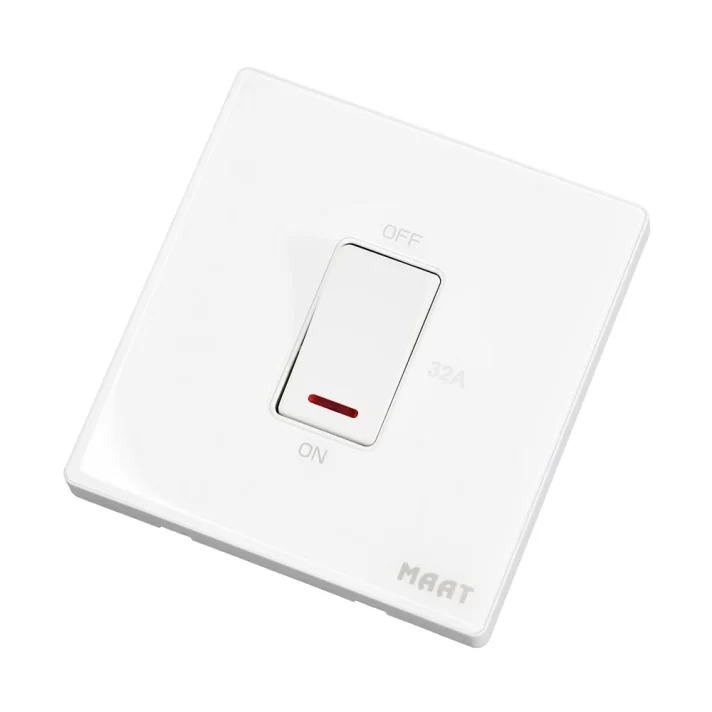 M8 1 Gang 32A DP Switch with Indicator featuring tempered glass finish, LED status indicator, and robust design for high-current applications. White 2