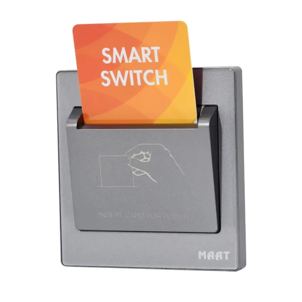 M8 Energy Saving Switch with Card Delay in grey diamond finish, featuring smart card mechanism and tempered glass design.