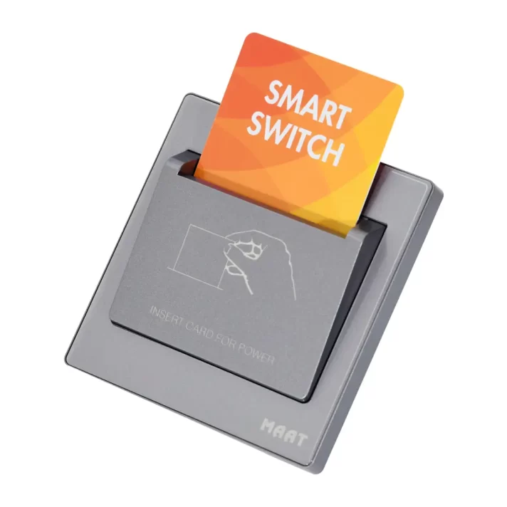 M8 Energy Saving Switch with Card Delay in grey diamond finish, featuring smart card mechanism and tempered glass design.