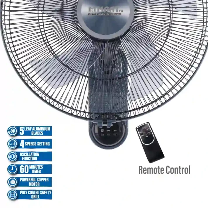 Wall Fan 5-Blade 18" Grey with Remote Control - Image 2