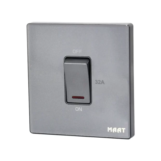 M8 1 Gang 32A DP Switch with Indicator featuring tempered glass finish, LED status indicator, and robust design for high-current applications. Grey