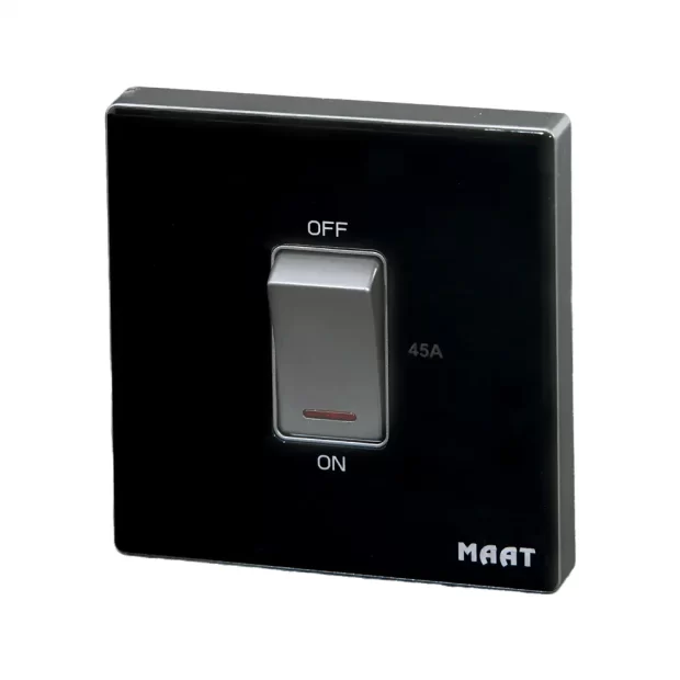 M8 1 Gang 45A DP Switch with Indicator featuring tempered glass design, LED indicator, and robust construction for high-current applications. Black