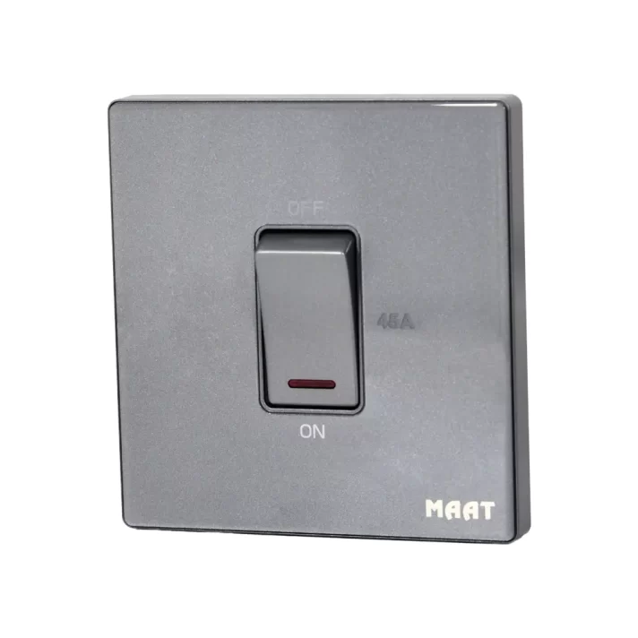 M8 1 Gang 45A DP Switch with Indicator featuring tempered glass design, LED indicator, and robust construction for high-current applications. Grey