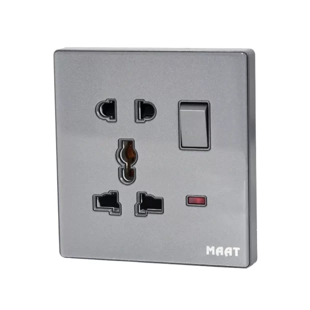 MAAT Pro M8 Grey 2 & 3 Pins Universal Switched Socket with Indicator, featuring a white diamond finish and tempered glass design.