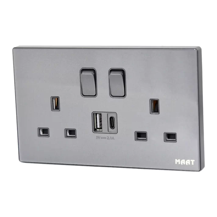 MAAT Pro M8 White 2 Gang 13A SP Socket USB-A & Type C with Switch, featuring dual sockets, USB ports, and a tempered glass finish. Grey Diamond