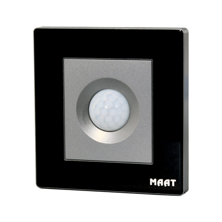 M8 PIR Motion Sensor in Black Diamond finish, featuring advanced motion detection and a scratch-proof tempered glass design.