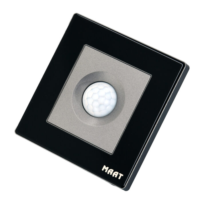 M8 PIR Motion Sensor in Black Diamond finish, featuring advanced motion detection and a scratch-proof tempered glass design.2