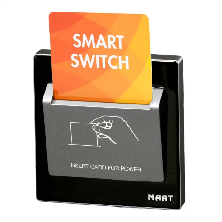 M8 Energy Saving Switch with Card Delay in Black diamond finish, featuring smart card mechanism and tempered glass design.