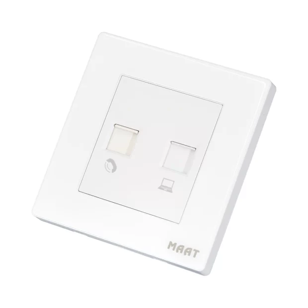 M8 Telephone & Computer Socket in White Diamond finish, featuring RJ11 and RJ45 ports for seamless telephone and internet connectivity. 2