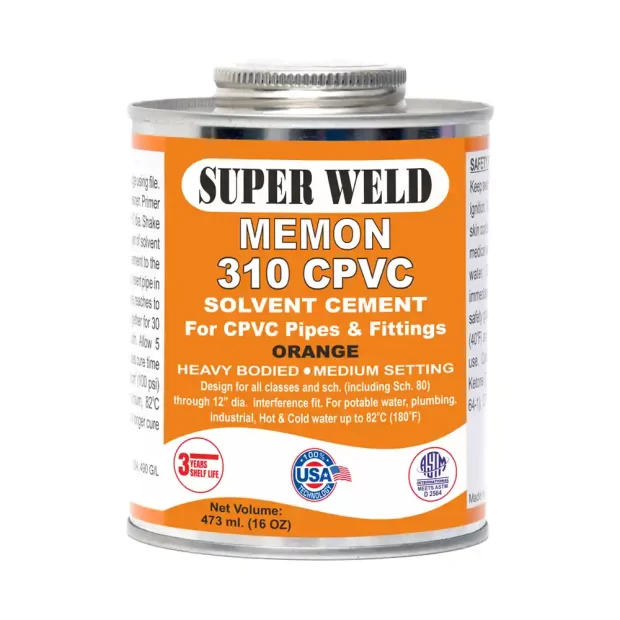 CPVC Cement Orange can with orange label and black cap, used for joining CPVC pipes and fittings. The label reads 'CPVC Cement Orange, Fast Drying, High Strength, Resistant to Chemicals and Corrosion.